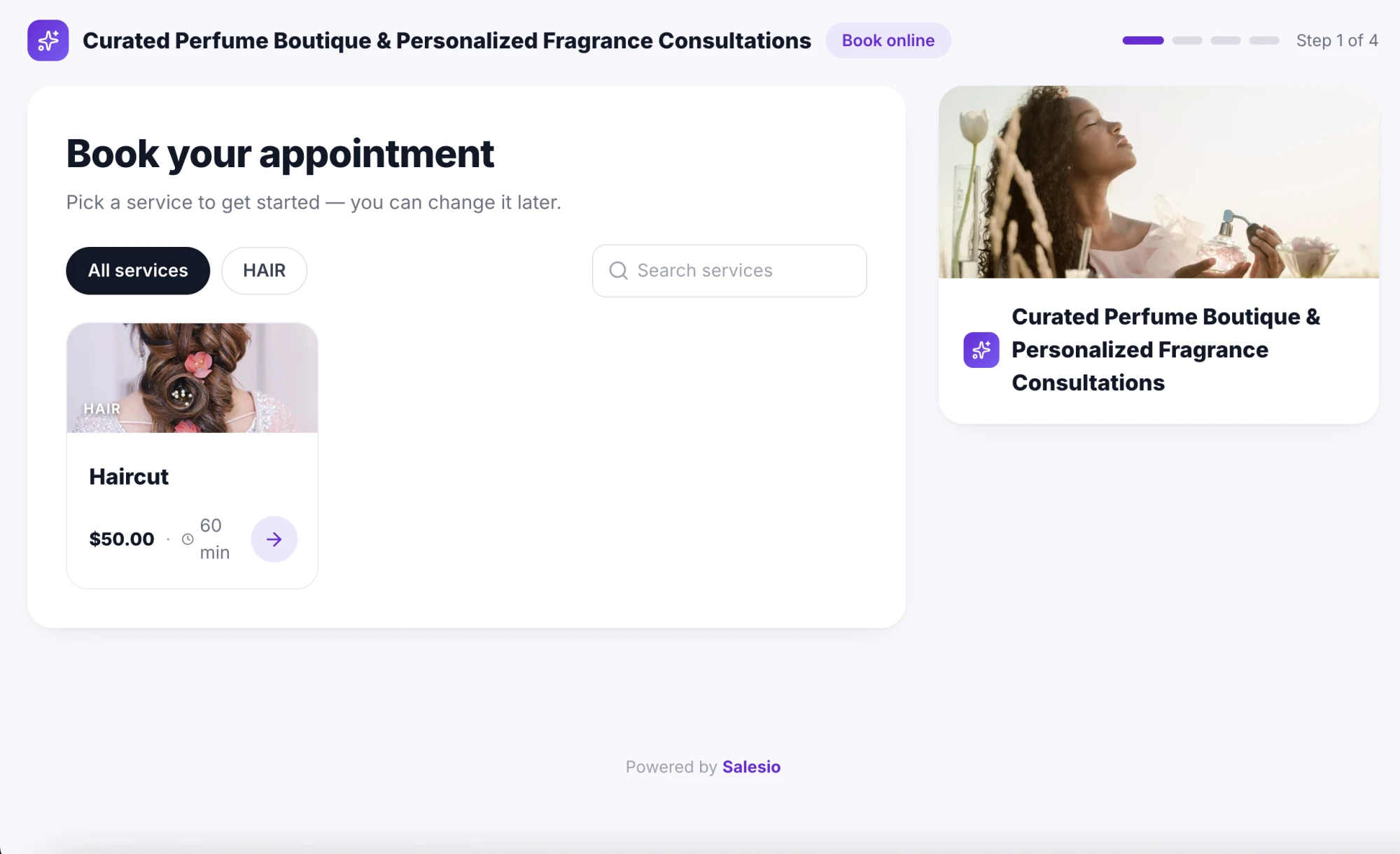 Salesio booking flow — pick a date and time